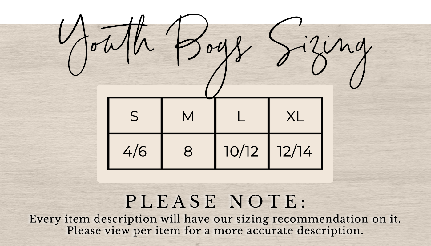 Youth boys sizing S=4/6 M=8 L=10/12 XL=12/14