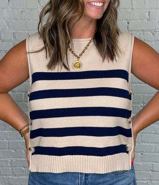 Sleeveless knit top with navy blue and taupe horizontal stripes.