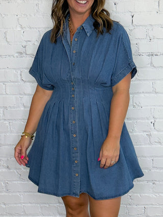 A short-sleeve blue denim button-up dress with a flared skirt.