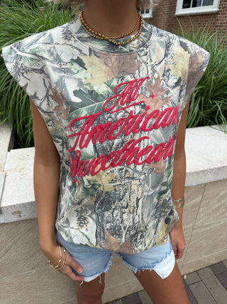 Sleeveless camo t-shirt with red graphic, 'All American Sweetheart'