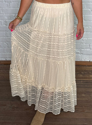 Tiered, lace cream midi skirt