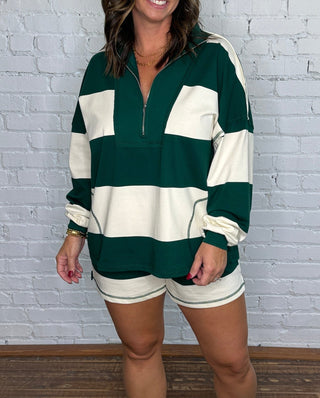 Hunter green and cream striped long sleeve top with half zip and matching shorts set