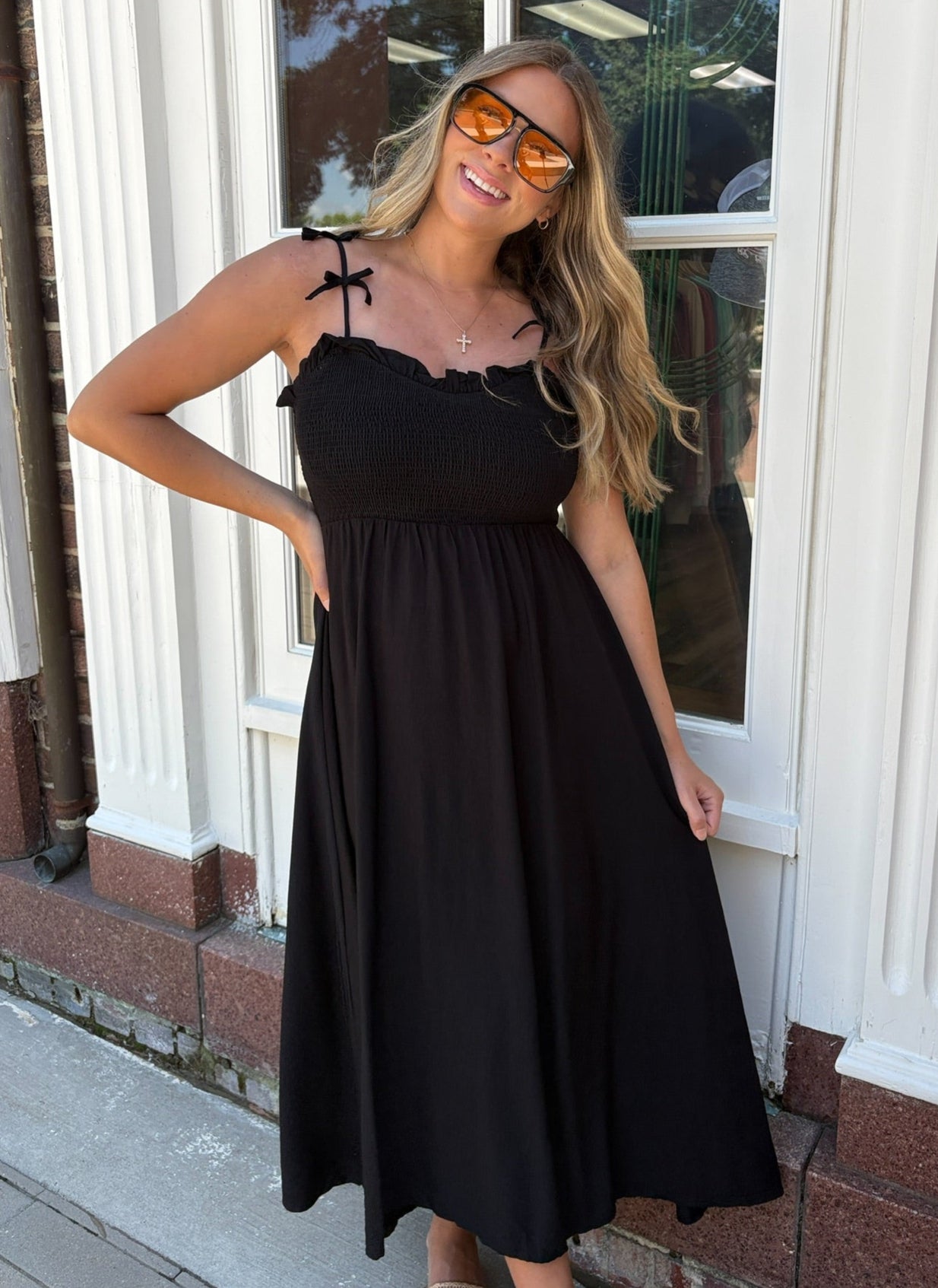 Black midi dress with bow strap details