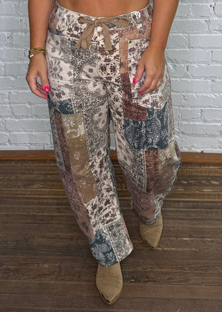 Multi-colored blocked bandana patterned barrel jeans