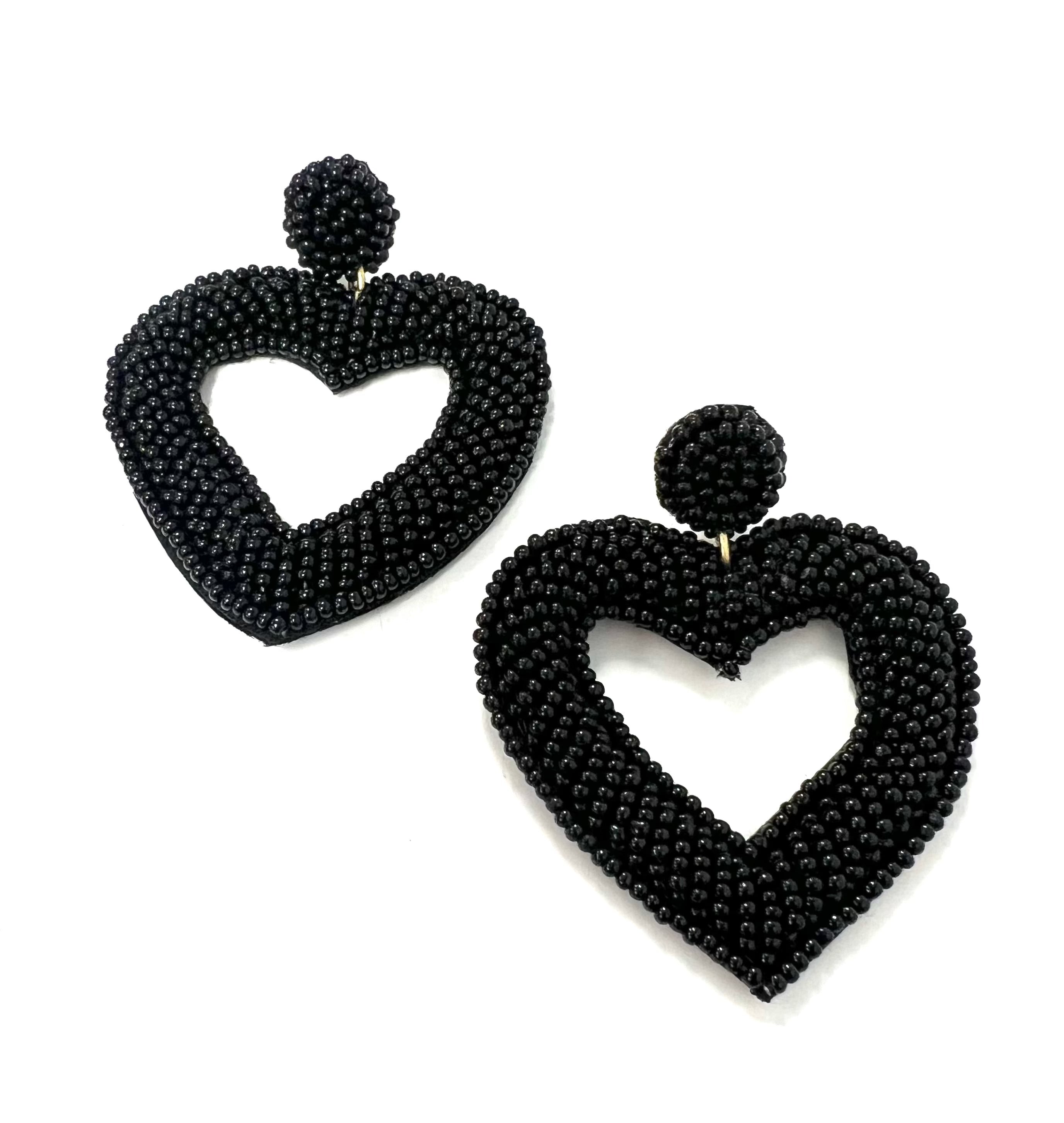 Beaded Heart Earrings-Black