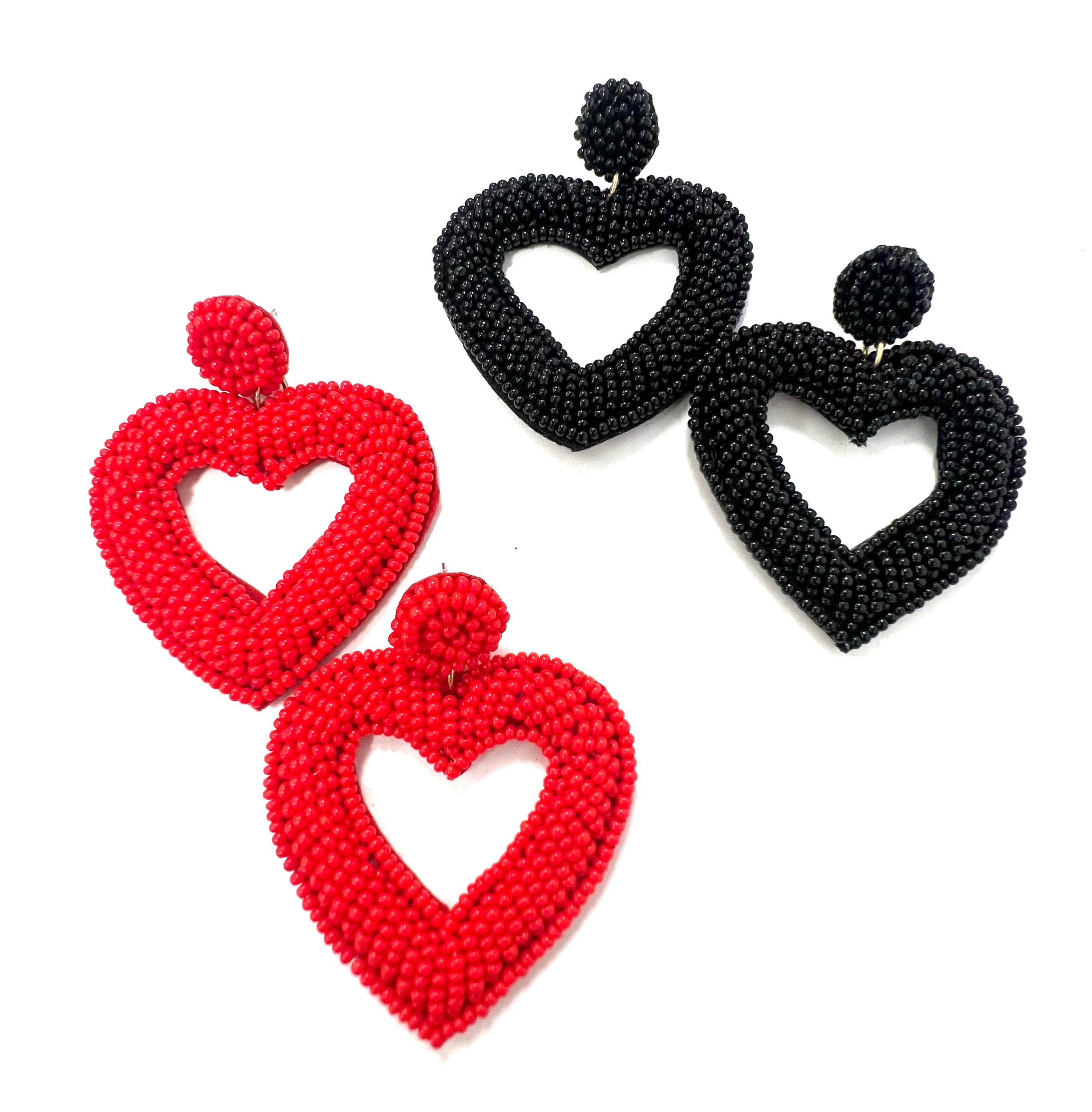 Beaded Heart Earrings-Red